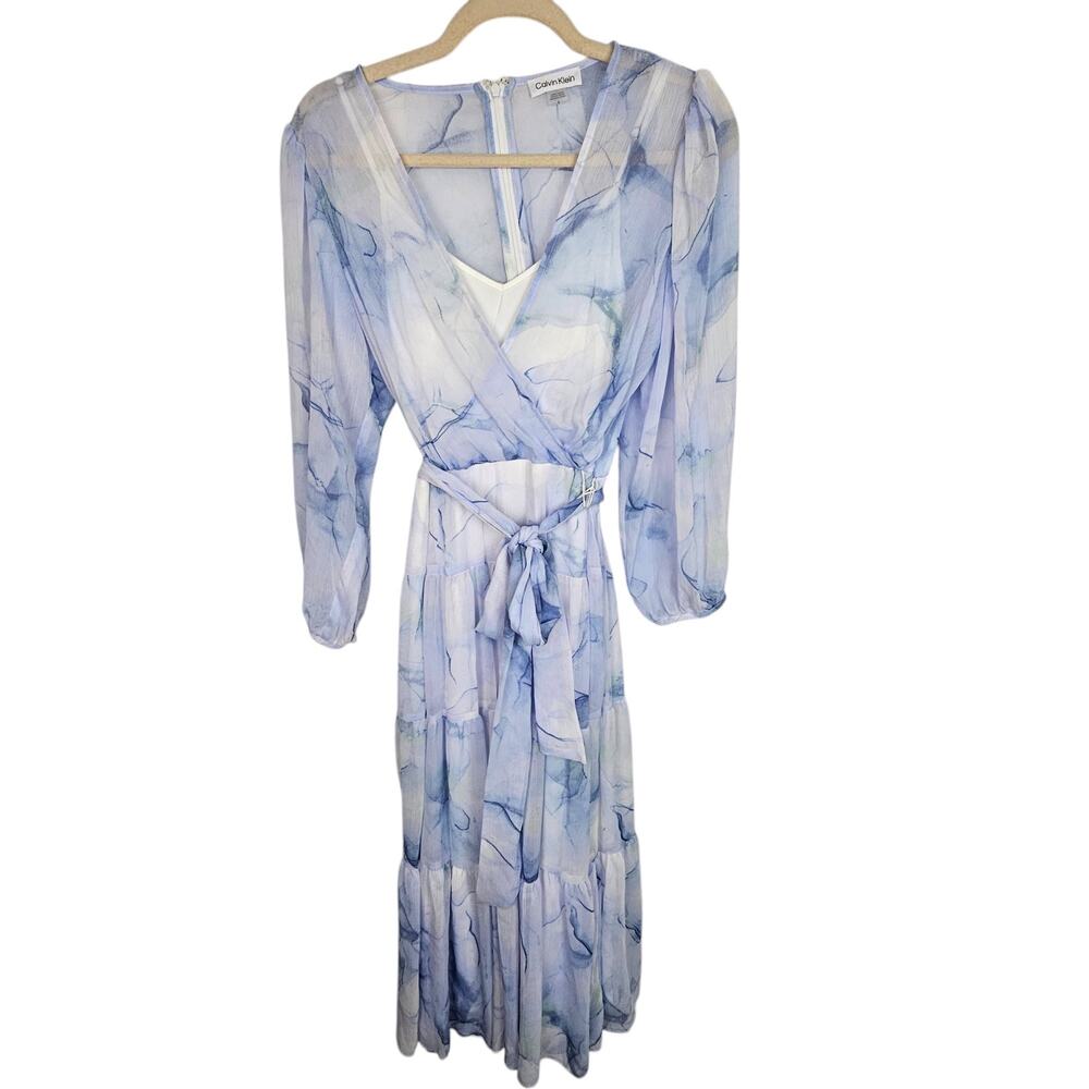 Calvin Klein Dress Tiered Dress Faux Wrap Dress Midi Dress Blue 6 Sheer Dress